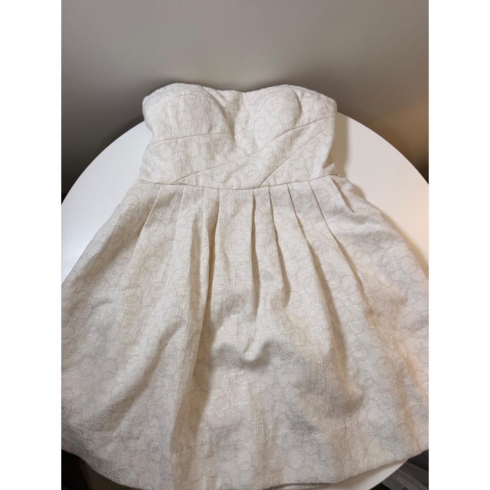 Donna Morgan Strapless Dress Women 14 Cream Excellent Metallic Jacquard Pleated